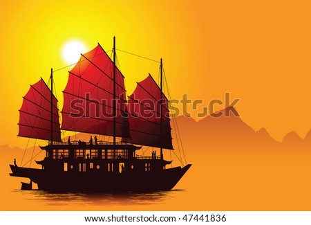 Silhouette of chinese junk with mountains on the background