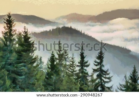 Digital oil painting. Amazing nature. Carpathian Mountains