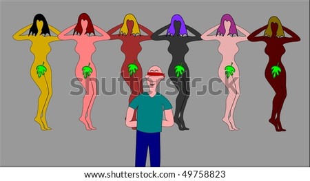 man with blindfold and beautiful girls