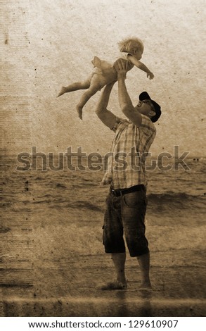 father with daughter on vacation at sea. Photo in old image style.