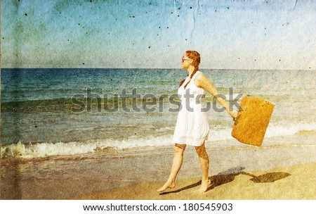 Woman with old vintage bag. Photo in old color image style.