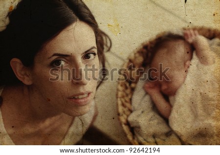 mother with her baby. Photo in old image style.