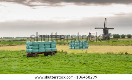 Wrapped hay stacked  on a trailer in the field with windmills in the background.