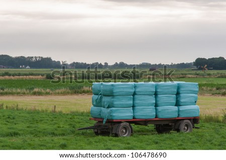 Wrapped hay stacked  on a trailer in a Dutch field. It\'s early in the morning.