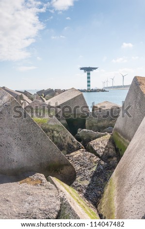 Details of a concrete block dam near Maasvlakte 2, the port of Rotterdam\'s land reclamation project. The concrete cubes weigh over 40 tonnes a piece and measure 2.5 by 2.5 by 2.5 m.