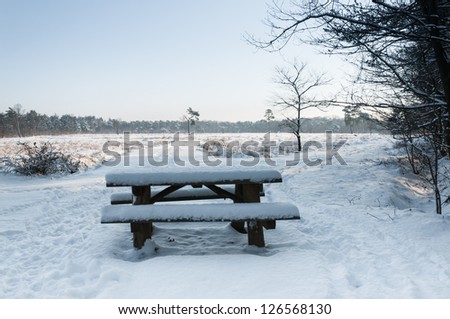 Picnic table and bench at the edge of the forest covered with a thick layer of fresh snow.