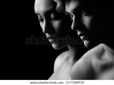 Young beautiful couple silhouette in Black & White