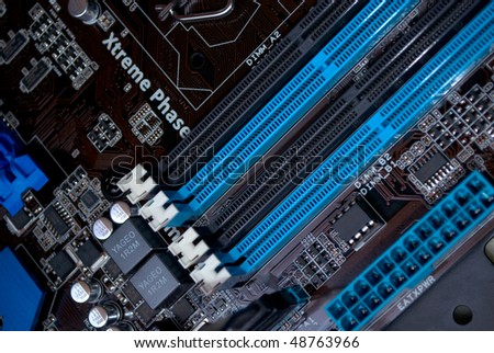 Personal computer motherboard close up on memory modules