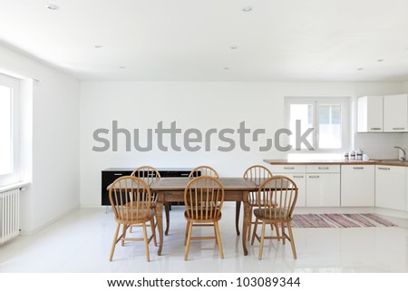 interior house, large modern kitchen, dining table