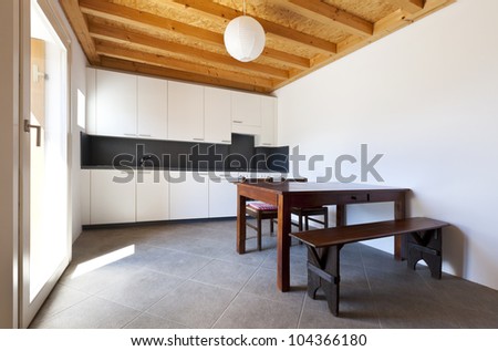 wooden kitchen table, rural home interior