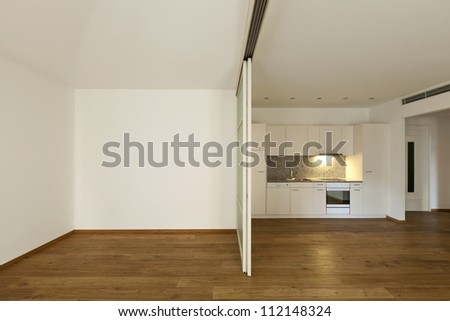 interior empty house with wooden floor, kitchen