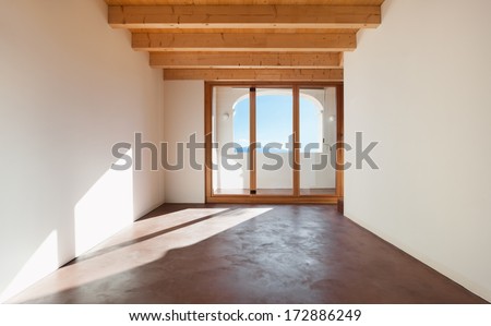 comfortable empty loft, interior, room view with porch