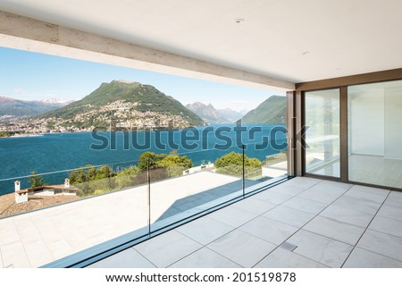 beautiful terrace in a modern penthouse, lake view