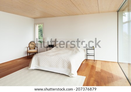 mountain house, modern architecture, interior, bedroom