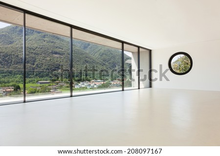 House, interior, modern architecture, wide room, view from window