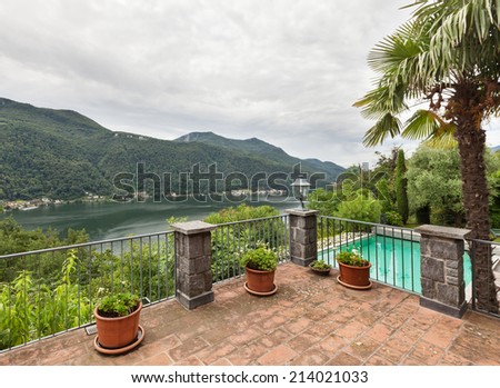 house with swimming pool, outdoor, view from the balcony