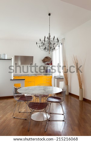 Nice apartment, interior, comfortable dining room, parquet floor