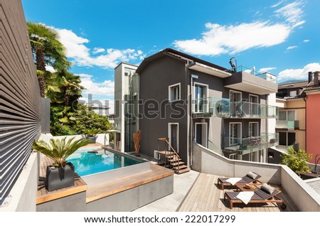 Modern house, outdoor, modern garden furniture
