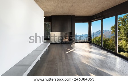 Architecture, modern apartment, empty room with fireplace