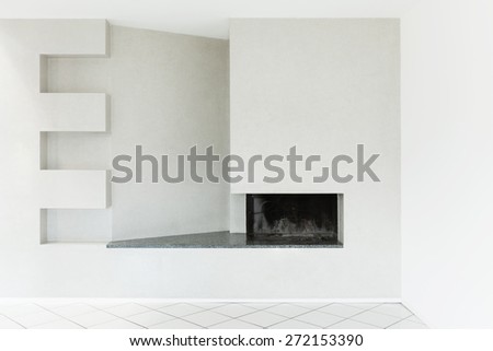 Architecture, Interiors of empty apartment, room with fireplace