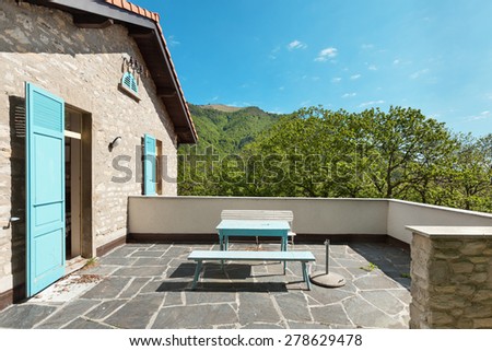 country house in the woods, outside, terrace view