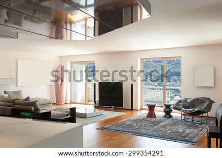 Interior of apartment, wide living room, parquet floor