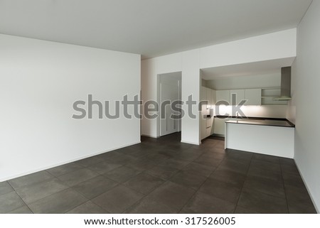 interior of new apartment, empty room with domestic kitchen