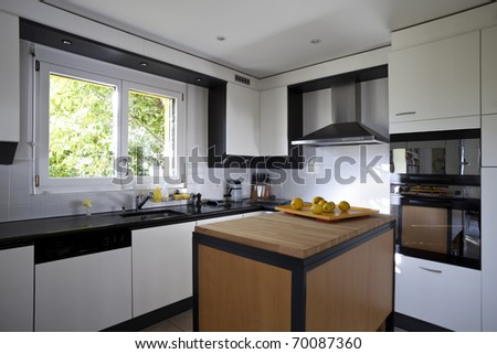 modern house, kitchen with the modern furniture