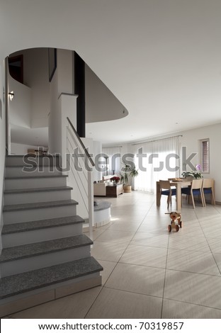 new apartment, large living room with stairs
