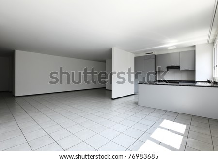 new apartment, empty room with white tiled floor