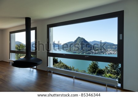 Modern apartment large living room with panoramic window