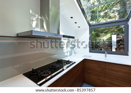 Modern empty apartment, kitchen with panoramic window