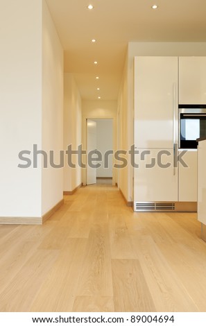 new apartment, room with kitchen, long corridor