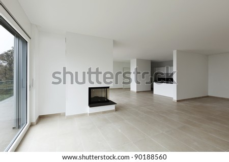 new apartment, living room, view fireplace and kitchen
