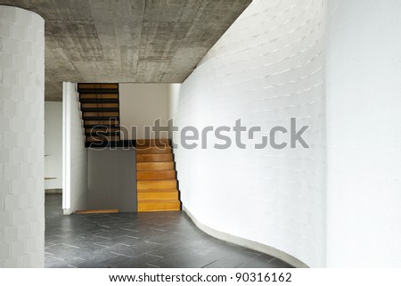 interior modern villa, passage, wooden staircase