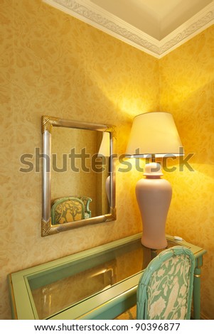 interior luxury apartment, detail room, table lamp and desk