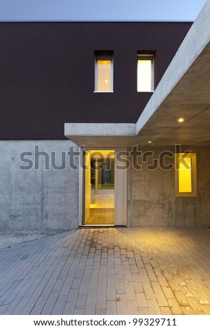 view of the beautiful modern house by night, entry