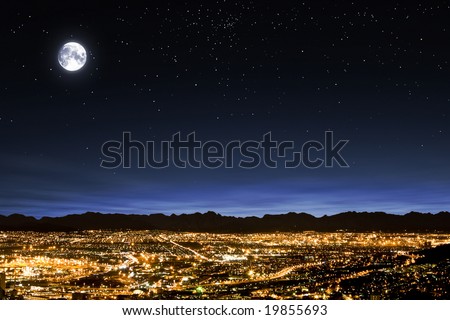 Similar – Image, Stock Photo Lights over the city. Two upward shining white stripes in the blue sky above the houses.