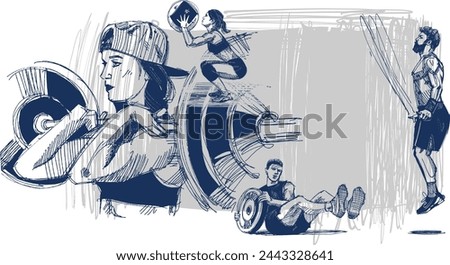 a man doing an exercise with a speed rope jump, a woman lifting a heavy weight on barbell, and another  man doing his weight work 