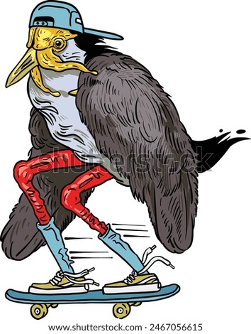 illustration of a New Zealand bird riding a skateboard