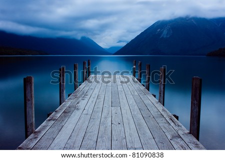 Similar – Foto Bild See mit Holzsteg in der Abenddämmerung