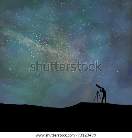 Person in silhouette looks through a telescope at a digitally stylized night sky.