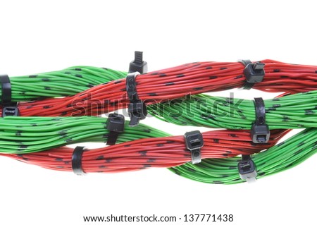 Electrical cables with cable ties isolated on white background