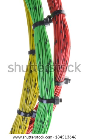 Bundle of cables with cable ties isolated on whit
