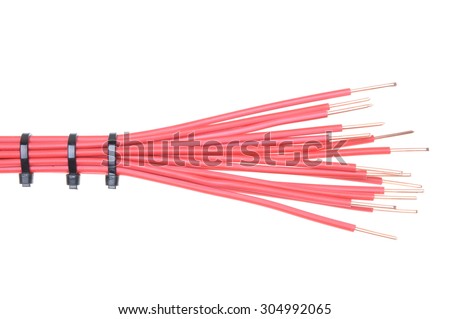 Copper cable with cable ties used in electrical installations isolated on white background
