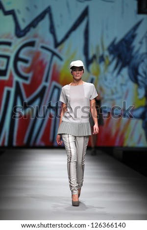 ZAGREB, CROATIA - OCTOBER 18: Fashion model wears clothes made by Jet Lag at 'Croaporter' fashion show, on October 18, 2012 in Zagreb, Croatia.