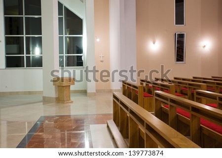ZAPRESIC, CROATIA - MAY 21: Modern Zapresic church interior on May 21, 2013 in Zapresic, Croatia. The church was being built for 20 years and was consecrated on May 26.