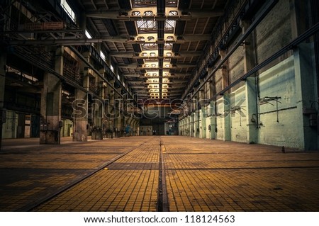 Similar – Image, Stock Photo Old industrial building with street and cheerful pennant shadow