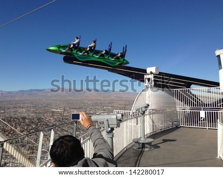 LAS VEGAS, NEVADA - FEBRUARY 6: Rides on top of the Stratosphere Hotel in Las Vegas on February 6, 2013.  Las Vegas has shifted to family entertainment to lure more customers to the desert city.