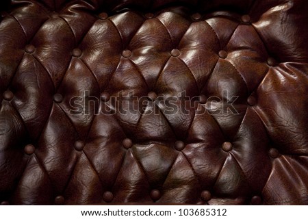 Close-up of vintage leather couch with seams and buttons.